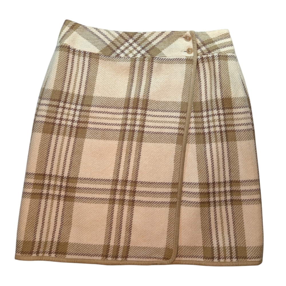 Vintage Liz Claiborne LizSport Wool Plaid Wrap Skirt | 10 | 31" Waist Tan Beige